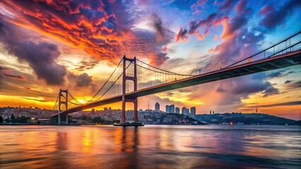 Fototapeta premium Istanbul Bosphorus Bridge close-up at sunset with colorful clouds in sky