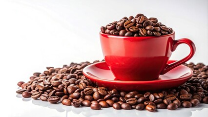 Fototapeta premium Italian ceramic red cup with coffee beans on a saucer