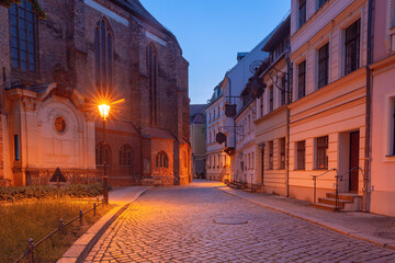 Obraz premium The historic quarter Nikolaivirtel, located in the Mitte district on the east bank of the Spree River in Berlin, Germany