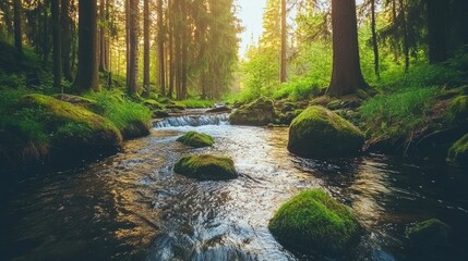Obraz premium Tranquil Forest Stream with Lush Greenery and Rocks