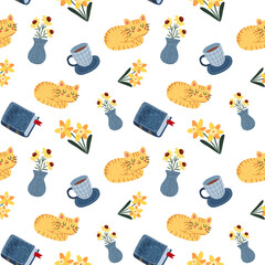 cozy spring vibes in autumn hues, hand-drawn watercolor painting pattern seamless design