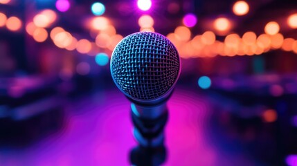 Close-Up of Microphone on Stage with Vibrant Colorful Lights in Background at a Concert or Event Venue