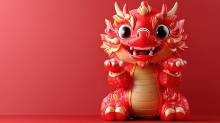 Fototapeta premium Adorable red dragon cartoon character with big eyes, sitting on a red background.