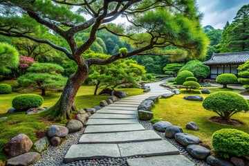Japanese garden with stone path and tree