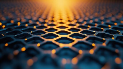Obraz premium Abstract hexagonal metal mesh with a warm light shining through.
