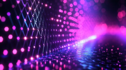 Abstract futuristic tunnel with neon lights and glowing grid.