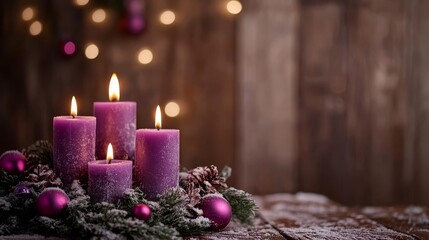 A beautifully arranged Christmas Eve wreath featuring some glowing purple advent candles, set against a dark wooden snowy background, illuminated by festive bokeh lights for a warm holiday atmosphere