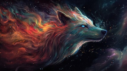 Animal head with colorful hair cinematic abstract dramatic, creating an atmosphere of mystery and beauty. The background features dark colors, and the colors are bright