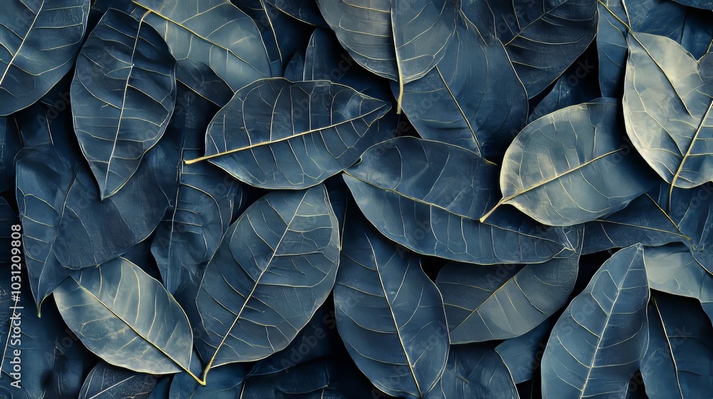 Poster close-up macro view of blue leaves revealing intricate textures, unique vein patterns. this backgrou
