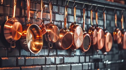 Copper Pots Hanging on a Brick Wall