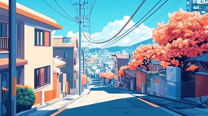 Naklejka premium A Sunny Day on a Hillside Street with Pink Flowers