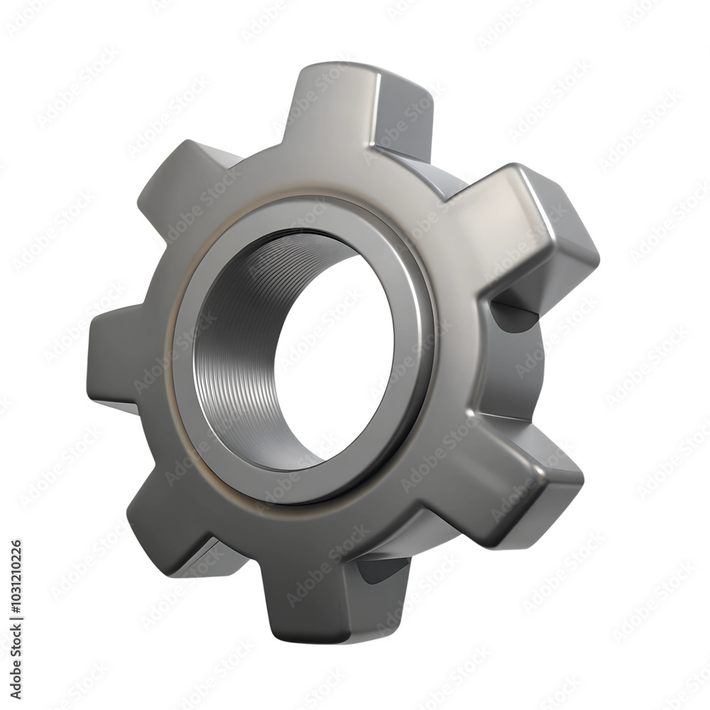Poster 3D rendered metallic gear with a shiny surface on a transparent background, showcasing intricate design and smooth edges.