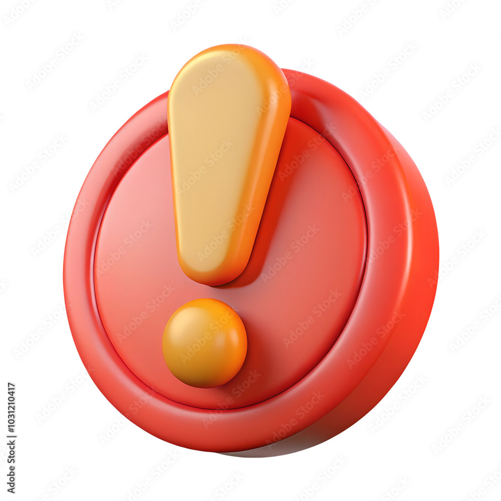 Poster 3d rendered red warning button with an orange exclamation mark symbol, isolated on a transparent bac