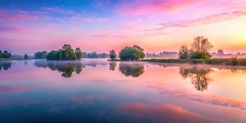 Obraz premium Landscape of misty morning with pink sky reflections on calm lake, bird's eye view