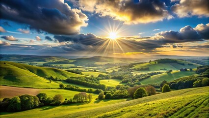 Fototapeta premium Landscape view from high with hills and bright sun, symmetrical