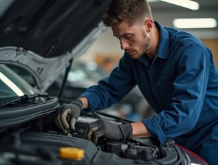 auto mechanic working in workshop, close up a car mechanic repairing car engine, service worker at the work