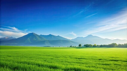 Fototapeta premium Landscape with green field, mountains, and blue sky
