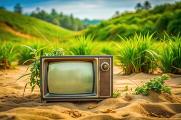 Landscape with green plants and retro TV on sand background