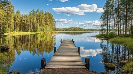 Serene Wooden Dock by Calm Lake Under Blue Sky
