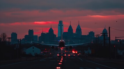 Obraz premium Airplane Landing in Front of a City Skyline at Sunset