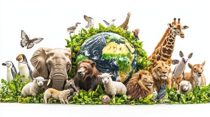 A diverse group of animals surround a globe, symbolizing the interconnectedness of all living things.