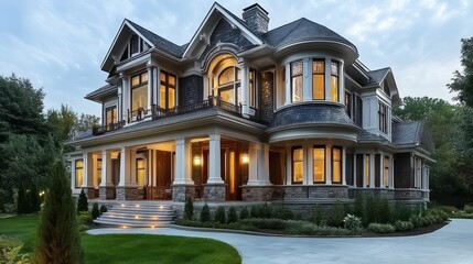 Elegant mansion with landscaped garden and warm evening lighting.