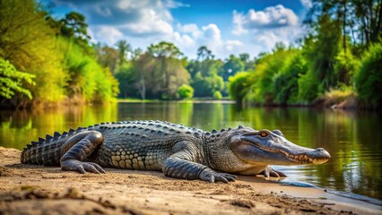Obraz premium Large alligator laying by river bank in front of trees