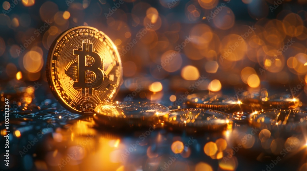 Poster glimmering bitcoin coin on bokeh background
