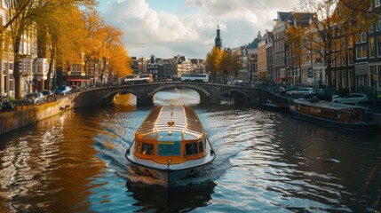 Obraz premium Romantic River Cruise Through Autumn Streets