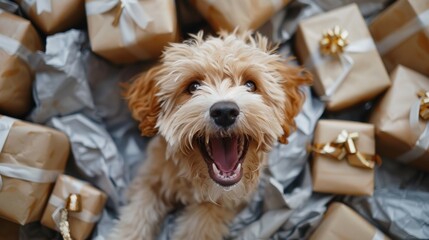 Excited Pup Nestled in Crumpled Wrapping Paper
