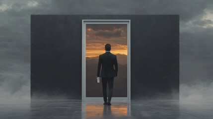Obraz premium Man in suit stands before a doorway leading to a sunset landscape.