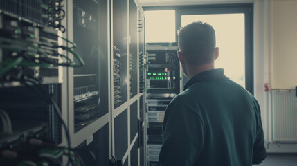 Fototapeta premium Technician in modern office maintaining network server, surrounded by cables and routers, showcasing focus and professionalism in IT infrastructure management