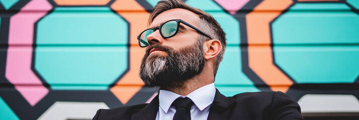 A man in a suit and sunglasses looks thoughtfully at a colorful wall.