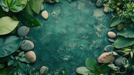 A green background with a circle of leaves and stones.