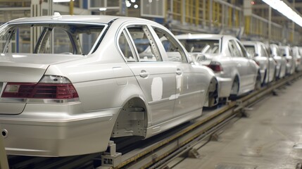 Close-up of a silver car on an assembly line in a factory