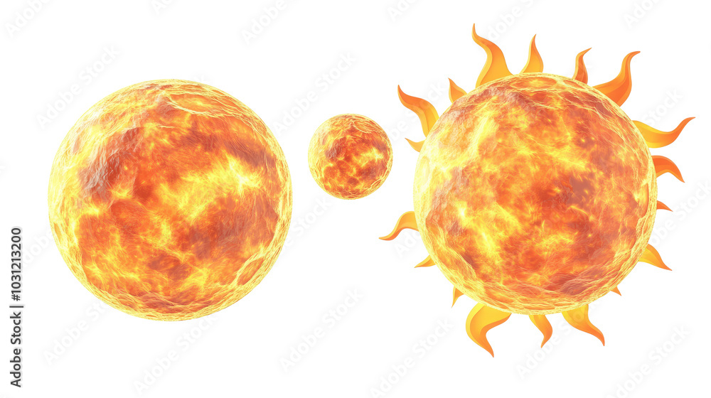 Poster collection of round suns in various sizes on a white background generative ai