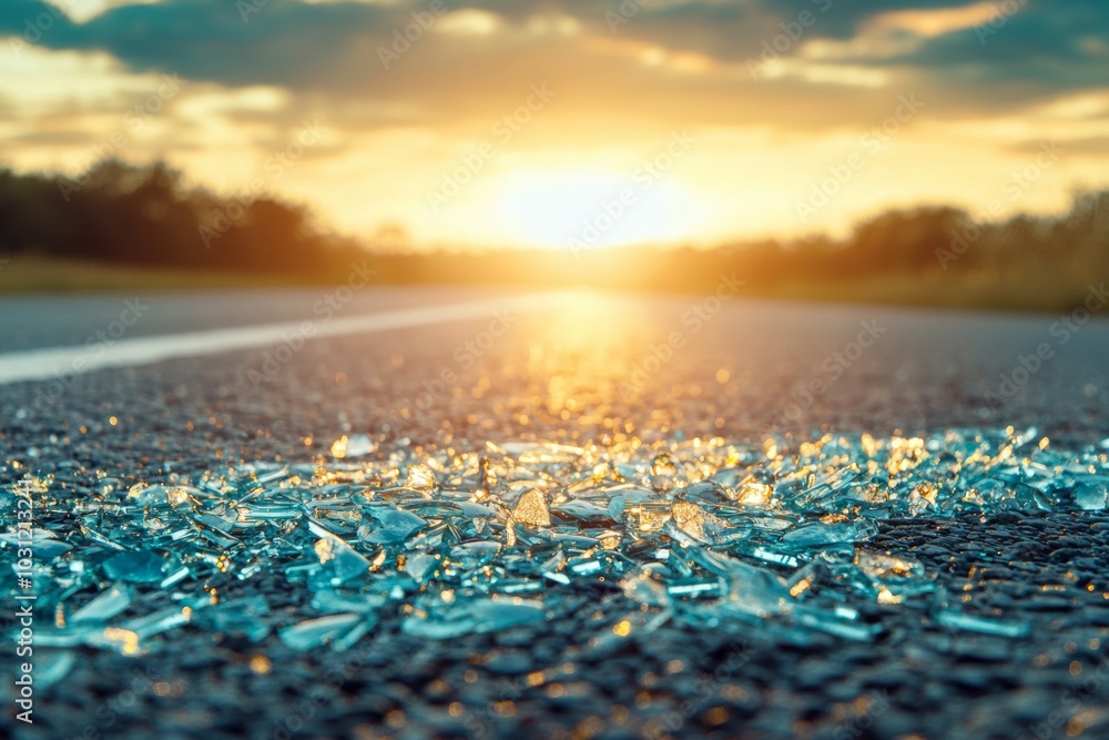 Poster Broken glass fragments on the road, aftermath of an accident. Background with selective focus and copy space