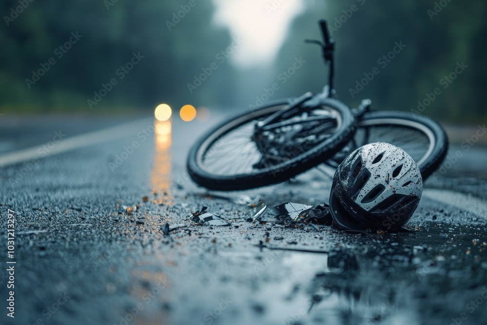 Poster Cyclist helmet on the road after an accident. Background with selective focus and copy space