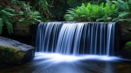Obraz premium Tranquil waterfall cascading over mossy rocks in a lush green forest.