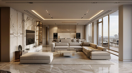 light luxury interior design of a modern apartment in a minimalist style with marble trim and huge windows