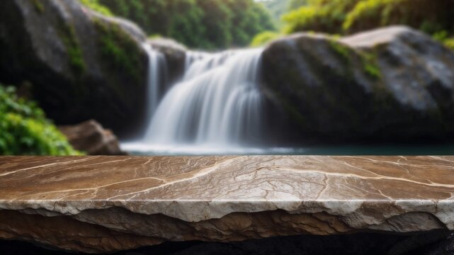 close up view of rock table suitable for product display with waterfall and forest in the background