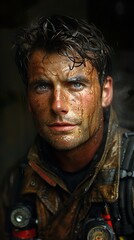 Obraz premium Close-up Portrait of a Determined Firefighter