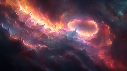 A swirling nebula of red, orange, and blue gas with a bright ring of light in the center.