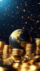 Globe with coins, symbolizing global wealth and finance.