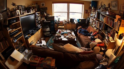 A Cluttered Living Room with Furniture, Bookshelves, and Electronics