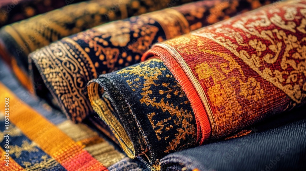 Poster A closeup of several rolled-up colorful rugs with intricate patterns.