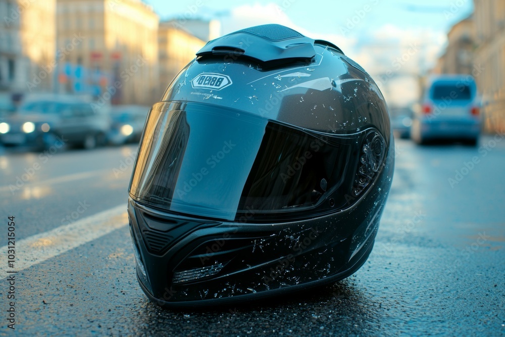 Poster Motorcyclist helmet after motorcycle accident. Selective focus background and copy space