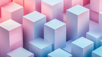 3D isometric pattern of symmetrical trapeziums in soft pink and blue tones, creating depth and dimension with smooth transitions between colors