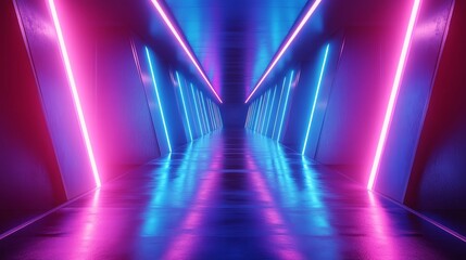Fototapeta premium 3D trapezium shapes in vibrant blue and pink hues, floating symmetrically in a futuristic space, neon lighting accents, high contrast and depth
