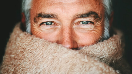 Close-up of a man's face, partly hidden by a soft brown scarf, looking into the camera with a thoughtful expression.